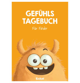 Orangefarbenes Cover mit lächelndem, gezeichnetem Monster und dem Schriftzug Gefühls Tagebuch Für Kinder darüber.