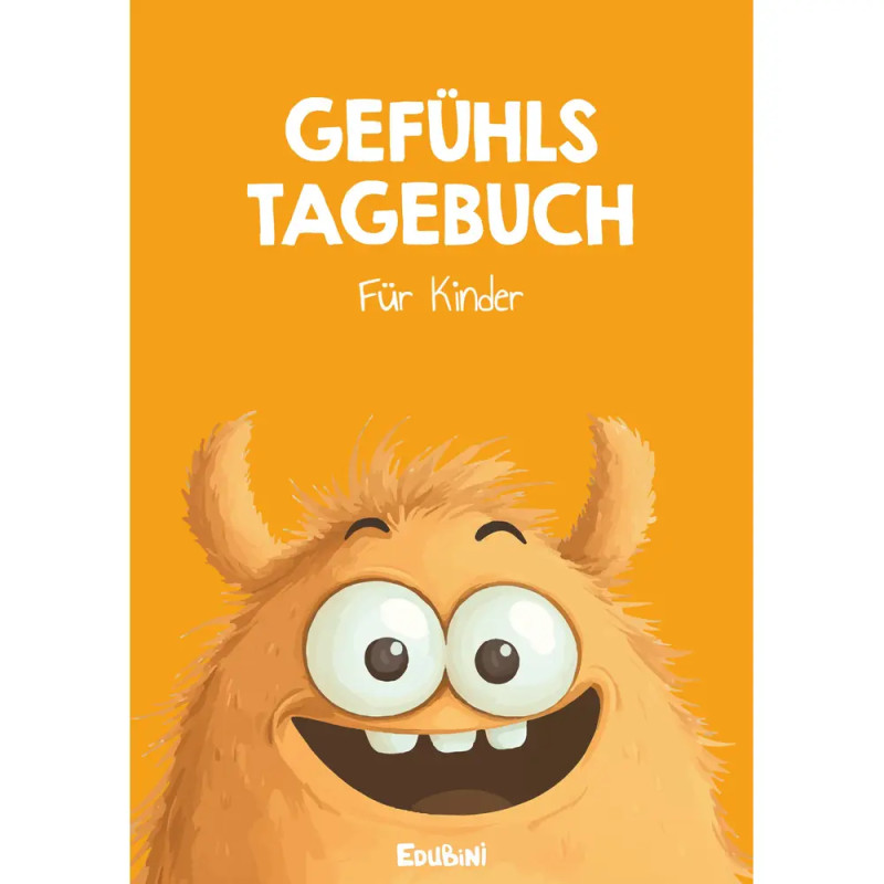 Orangefarbenes Cover mit lächelndem, gezeichnetem Monster und dem Schriftzug Gefühls Tagebuch Für Kinder darüber.