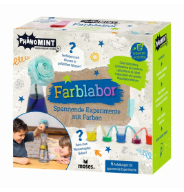 Bunte deutsche Experimentierbox für Kinder mit Blumen-Farbtests und Laborwerkzeugen.