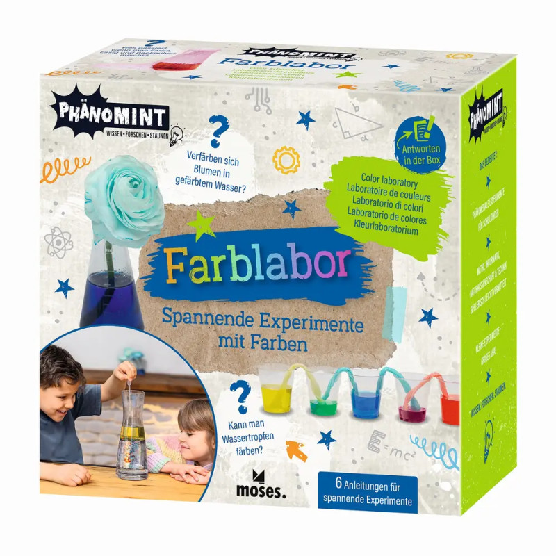 Bunte deutsche Experimentierbox für Kinder mit Blumen-Farbtests und Laborwerkzeugen.