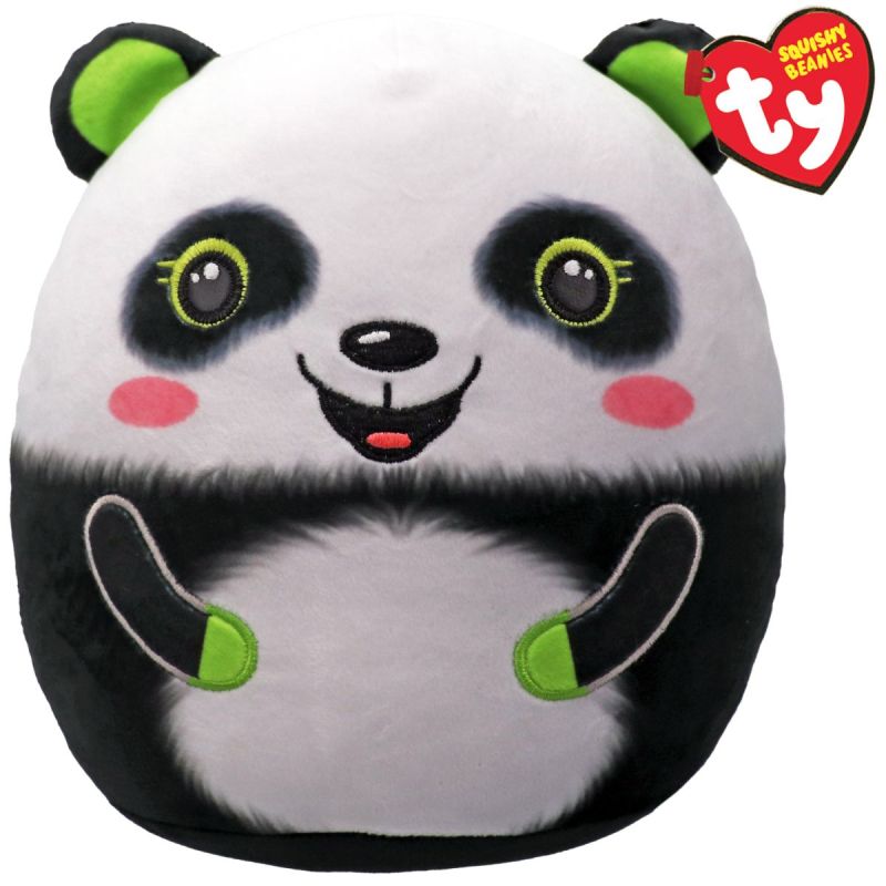 Runder Plüschpanda mit grünen Ohren und Pfoten, rosa Wangen und rotem Ty-Anhänger am Ohr.