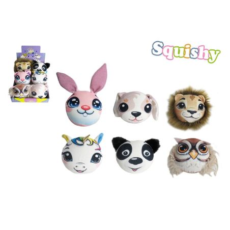 Sechs runde Tier-Squishies (Hase, Hund, Löwe, Einhorn, Panda, Eule) auf weißem Hintergrund.