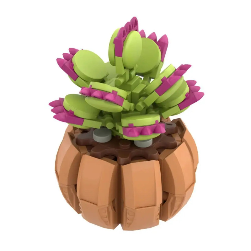 Eine LEGO-Venusfliegenfalle mit grünen Blättern und violetten Spitzen steht in einem runden, braunen LEGO-Topf.