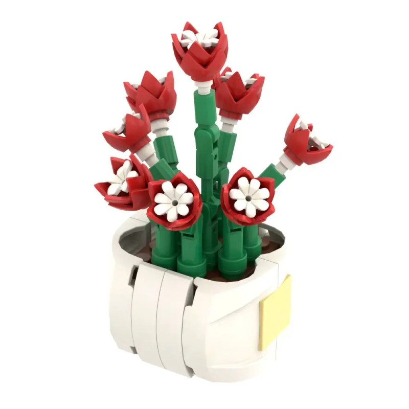Rote und weiße LEGO-Blumen mit grünen Stielen stehen in einem weißen LEGO-Topf.