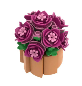 Kleiner LEGO-Blumenstrauß mit pinken und lila Blüten sowie grünen Blättern in beigem Topf, aus der Vogelperspektive.