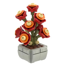 LEGO-Rosen im grauen Blumentopf mit roten und orangen Blütenblättern, komplett aus LEGO-Steinen gebaut.