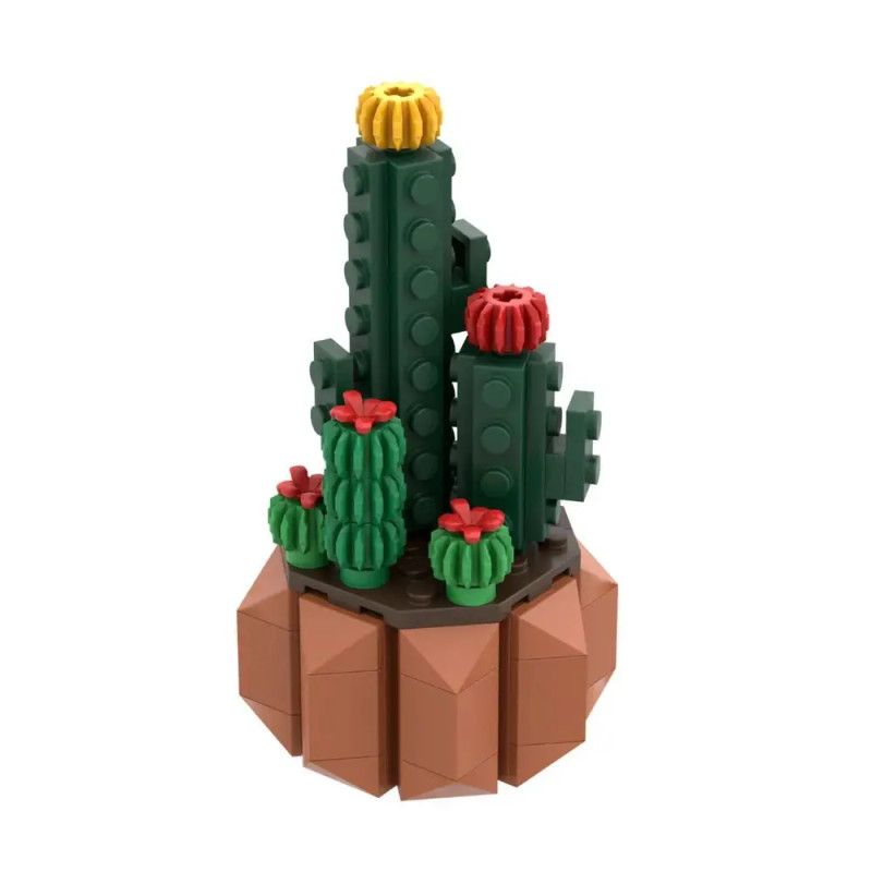 LEGO-Kakteen mit kleinen roten und gelben Blüten auf brauner Basis, die eine Wüstenszene darstellen.