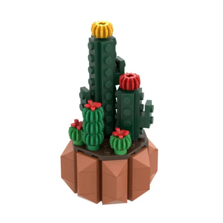 LEGO-Kakteen mit kleinen roten und gelben Blüten auf brauner Basis, die eine Wüstenszene darstellen.