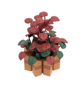 LEGO-Pflanze mit roten und grünen Blättern in braunem, sechseckigem Topf vor weißem Hintergrund.