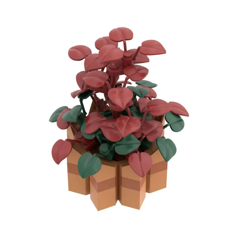 LEGO-Pflanze mit roten und grünen Blättern in braunem, sechseckigem Topf vor weißem Hintergrund.