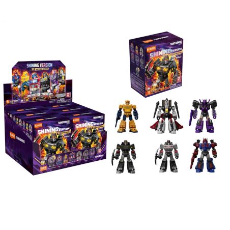 Verpackung der Shining Version Transformers mit sechs Actionfiguren als Roboter davor.