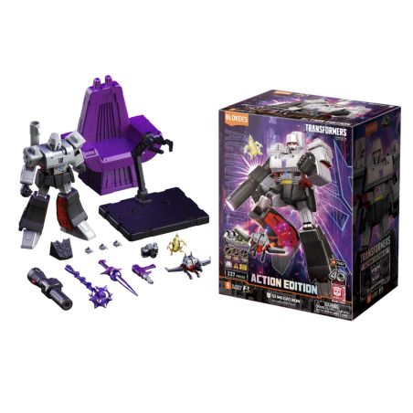 Transformers Megatron Actionfiguren-Set mit Zubehör, Thron und Box mit Charakter-Artwork.