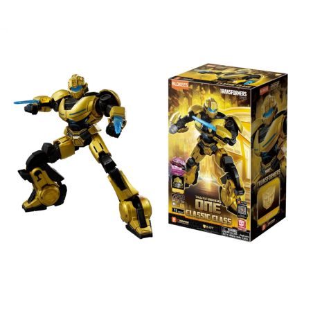 Gelb-schwarze Roboter-Actionfigur steht neben ihrer bunten Transformer-Verpackung.