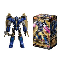 Blau-goldene Transformers-Figur steht neben ihrer bunten Verpackung.