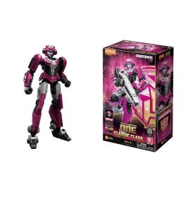 Ein pink-graues Roboterspielzeug steht neben seiner bunten Transformers: One Classic Class Verpackung.