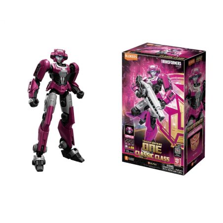 Ein pink-graues Roboterspielzeug steht neben seiner bunten Transformers: One Classic Class Verpackung.