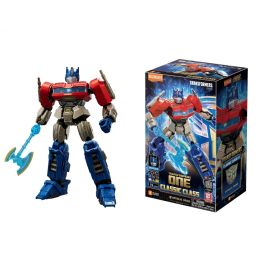 Optimus-Prime-Figur mit blauer Axt steht neben der Verpackung der Transformers Classic Class.