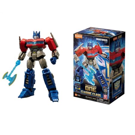 Optimus-Prime-Figur mit blauer Axt steht neben der Verpackung der Transformers Classic Class.