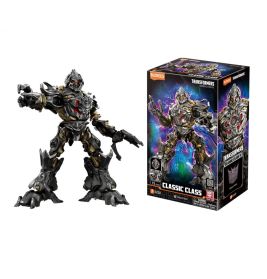 Eine Transformers-Actionfigur steht neben ihrer bunten, mit "Classic Class" beschrifteten Verpackung.