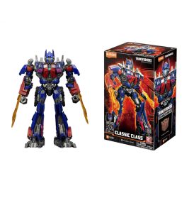 Optimus-Prime-Actionfigur mit zwei Schwertern steht neben der Verpackung der Transformers Classic Class.