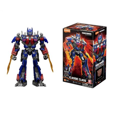 Optimus-Prime-Actionfigur mit zwei Schwertern steht neben der Verpackung der Transformers Classic Class.