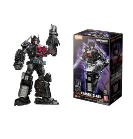 Schwarz-rote Roboterfigur steht neben ihrer Verpackung mit der Aufschrift "Transformers Classic Class".