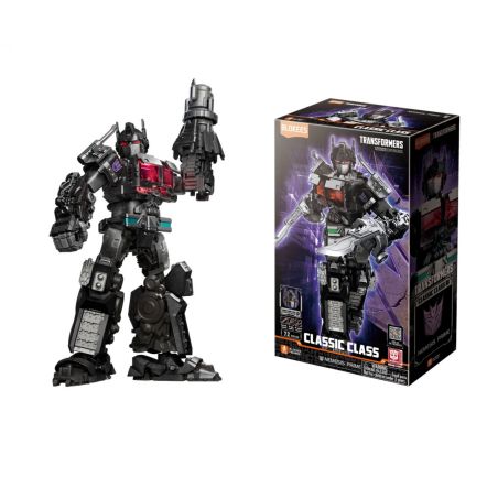 Schwarz-rote Roboterfigur steht neben ihrer Verpackung mit der Aufschrift "Transformers Classic Class".