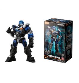 Blau-schwarze Transformers-Figur steht neben ihrer Verpackung mit der Aufschrift "Classic Class".