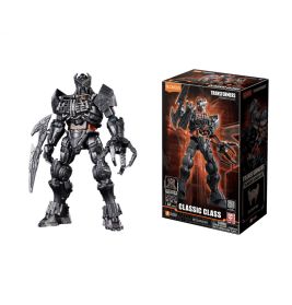 Schwarze Roboterfigur mit Klaue und Schild steht neben ihrer Transformers Classic Class Spielzeugverpackung.