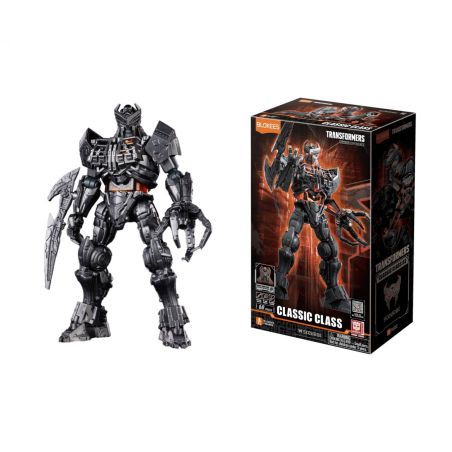 Schwarze Roboterfigur mit Klaue und Schild steht neben ihrer Transformers Classic Class Spielzeugverpackung.