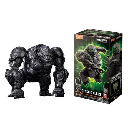 Schwarze Gorilla-Roboterfigur steht neben ihrer grünen und schwarzen Transformers Classic Class Verpackung.