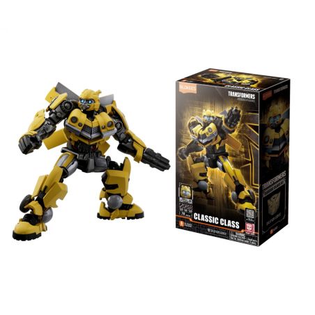 Gelbe Roboterfigur steht neben Verpackung mit Aufschrift Transformers Classic Class und Bumblebee-Motiv.