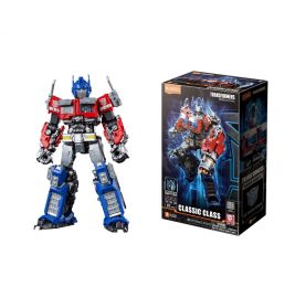 Ein Transformers-Optimus-Prime-Spielzeug steht neben seiner Classic-Class-Box mit farbenfroher Gestaltung.