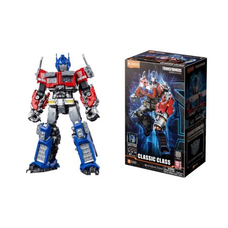Ein Transformers-Optimus-Prime-Spielzeug steht neben seiner Classic-Class-Box mit farbenfroher Gestaltung.