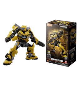 Gelbe-schwarze Transformers-Figur steht neben der Verpackung mit dem Aufdruck "Classic Class".