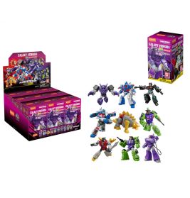 Schachtel und Figuren bunter Roboterspielzeuge mit der Aufschrift "Galaxy Version" und mehreren aufgebauten Robotern.