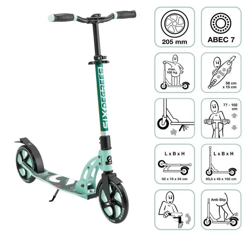 Türkis-schwarzer Tretroller mit beschrifteten Merkmalen sowie Symbolen zu technischen Daten und Nutzungshinweisen.