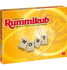 Gelbe Rummikub-Box mit Steinen, die "WORT" bilden, und großem Sonnengesicht im Hintergrund.