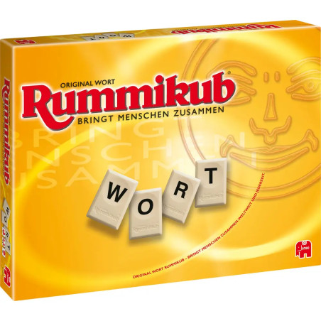 Gelbe Rummikub-Box mit Steinen, die "WORT" bilden, und großem Sonnengesicht im Hintergrund.
