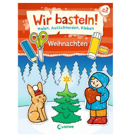 Buntes Kinder-Bastelbuch mit Hase, Kind, Tannenbaum und Bastelmaterialien in winterlicher Schneelandschaft.
