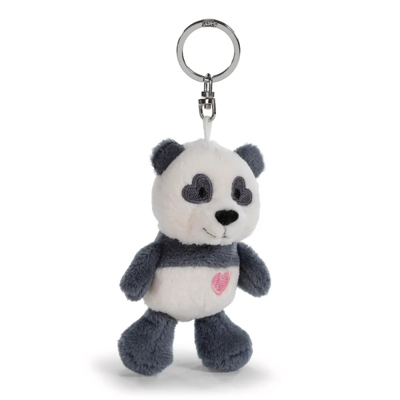 Plüsch-Panda-Schlüsselanhänger mit herzförmigen Augen und rosa Herz auf der Brust.