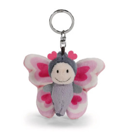 Plüsch-Schmetterlingsanhänger mit herzförmigen Flügeln, lächelndem Gesicht und kleinen rosa Herzen verziert.