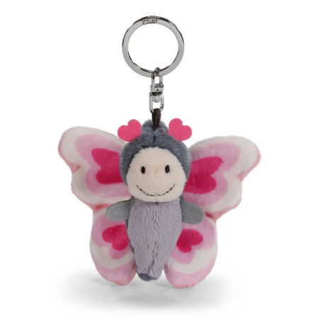 Plüsch-Schmetterlingsanhänger mit herzförmigen Flügeln, lächelndem Gesicht und kleinen rosa Herzen verziert.