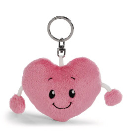 Rosa Plüsch-Herzanhänger mit lachendem Gesicht und zwei Armen, die in Pompoms enden.