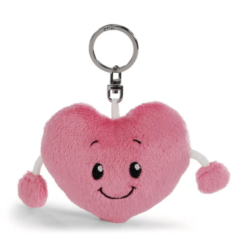 Rosa Plüsch-Herzanhänger mit lachendem Gesicht und zwei Armen, die in Pompoms enden.