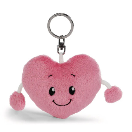 Rosa Plüsch-Herzanhänger mit lachendem Gesicht und zwei Armen, die in Pompoms enden.