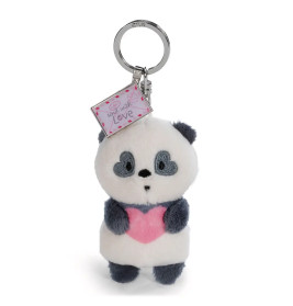 Plüsch-Panda-Schlüsselanhänger mit herzförmigen Augen, hält ein rosa Herz und trägt ein "Love"-Etikett.