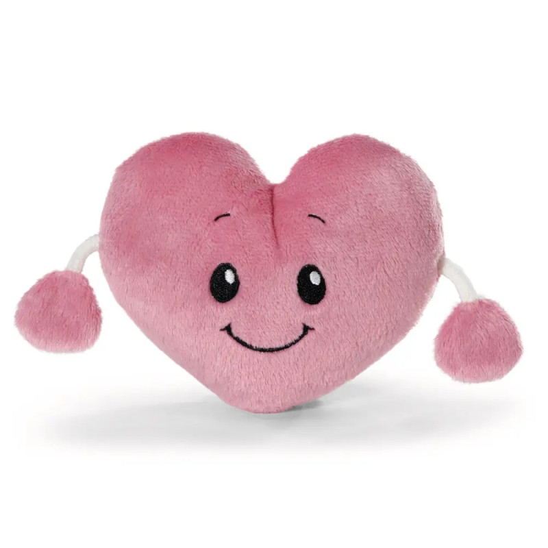 Ein rosa, plüschiges Herz mit lächelndem Gesicht und zwei Armen, die in flauschigen Pompons enden.