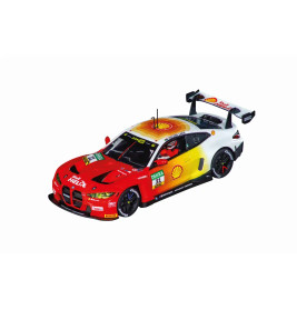 Rotes, weißes und gelbes Rennauto mit Shell- und Helix-Logos, schwarzem Spoiler und Rennaufklebern auf Weiß.