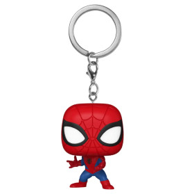 Spider-Man Funko Pop Schlüsselanhänger mit großem Kopf, roter Maske, blauem Anzug und webschießender Pose.